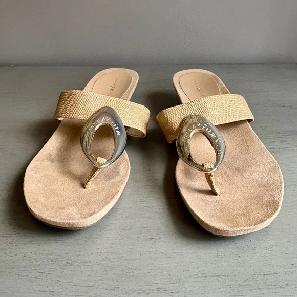 Anne Klein AK Women Tan Wedge Sandal Slide Thong 8 Neutral Gold Circle Summer - Picture 13 of 13